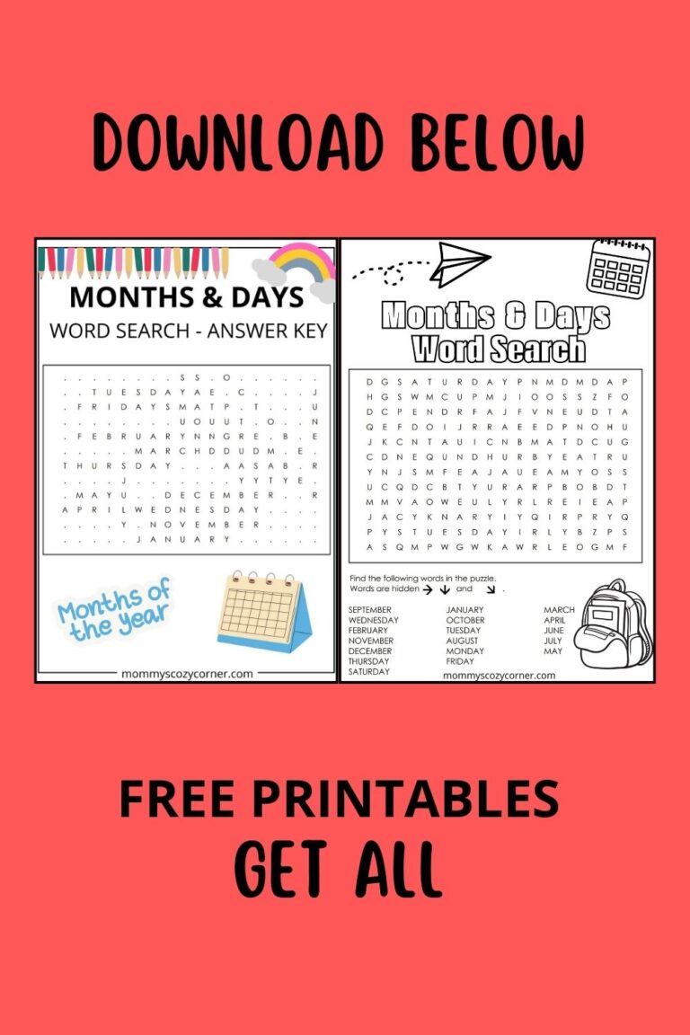 2 Months And Days Word Search Printables With Answer Key