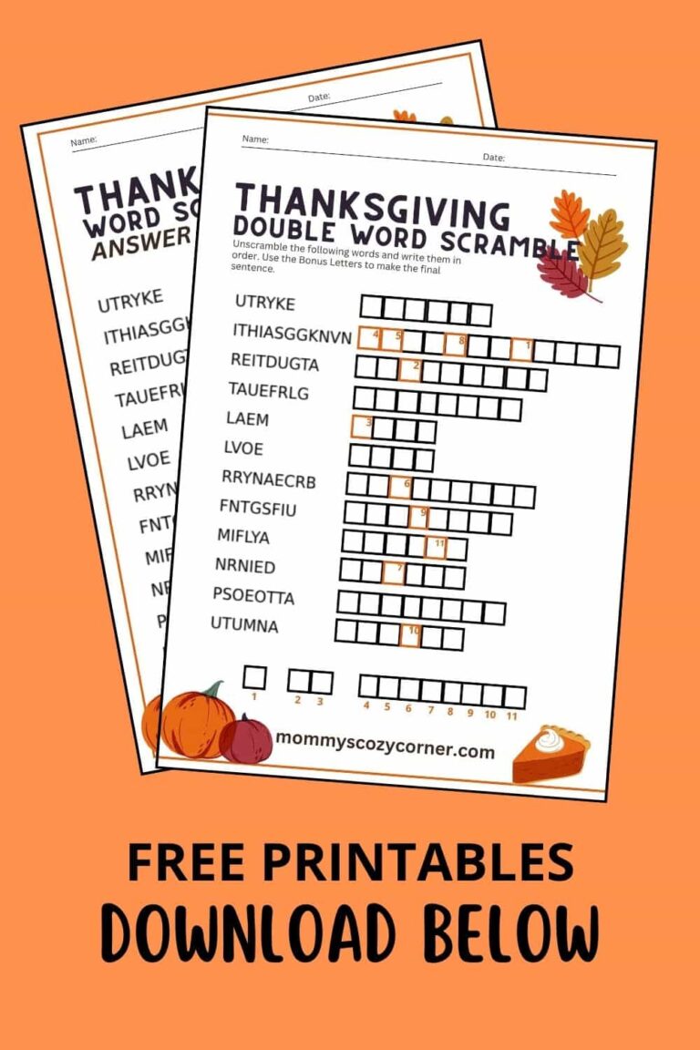 Thanksgiving Double Word Scramble Printable With Answer Key