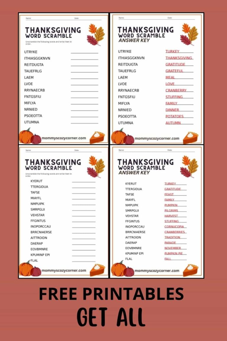 2 Thanksgiving Word Scramble Printables With Answer Key