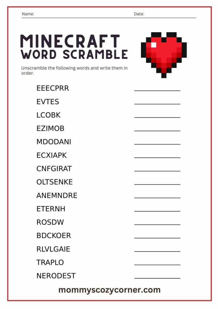 2 Minecraft Word Scramble Worksheets With Answer Keys