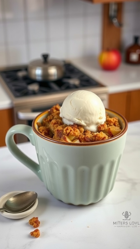 A mug filled with apple crisp topped with ice cream