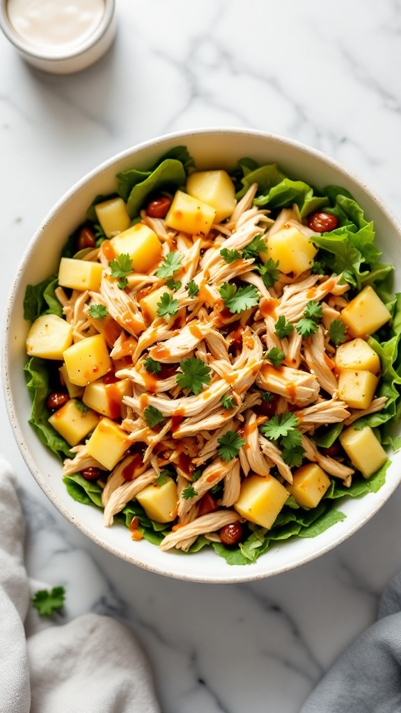 A vibrant bowl of Asian Pineapple Chicken Salad with shredded chicken, pineapple, and mixed greens.