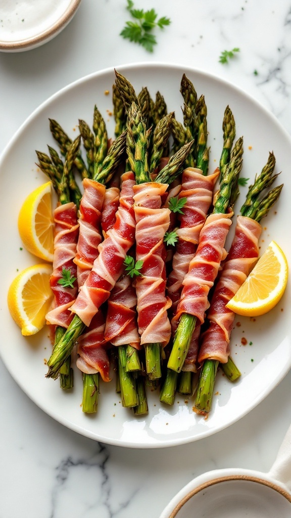 Plate of asparagus wrapped in prosciutto garnished with lemon wedges and parsley