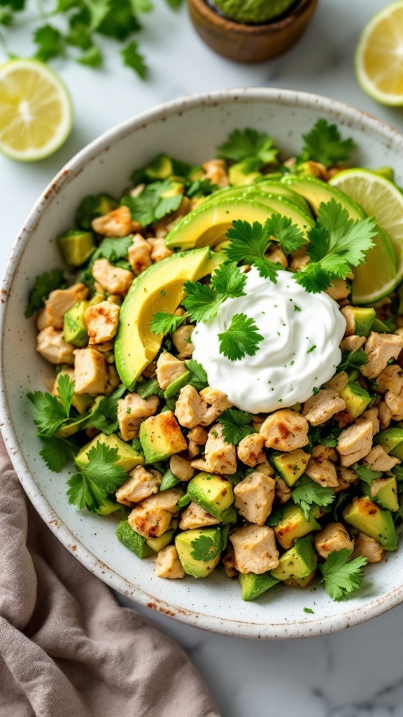 A bowl of Avocado Chicken Salad with Greek Yogurt topped with fresh cilantro.