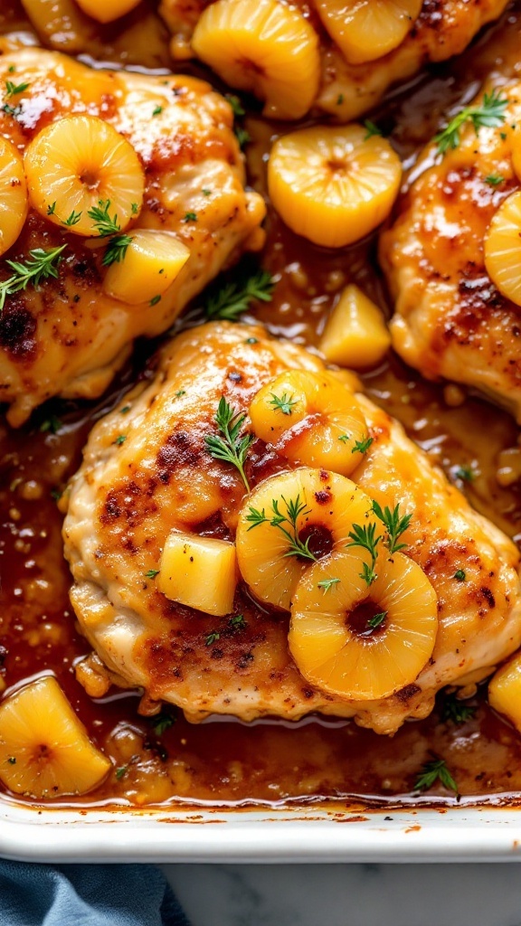 Baked chicken with pineapple slices and brown sugar glaze