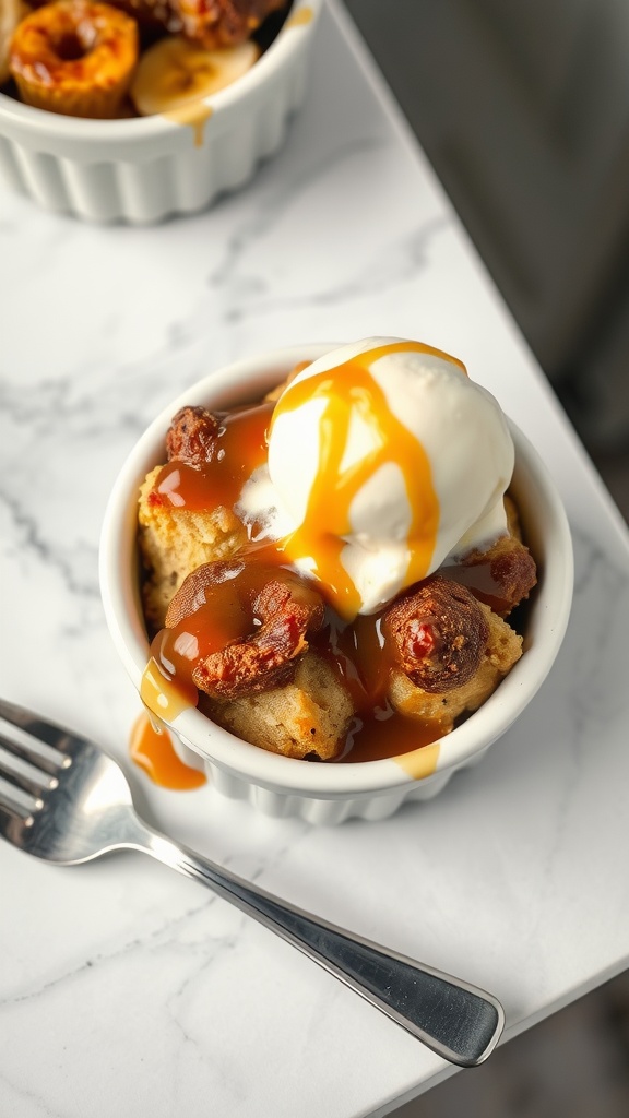 Banana Foster Bread Pudding with ice cream and caramel sauce