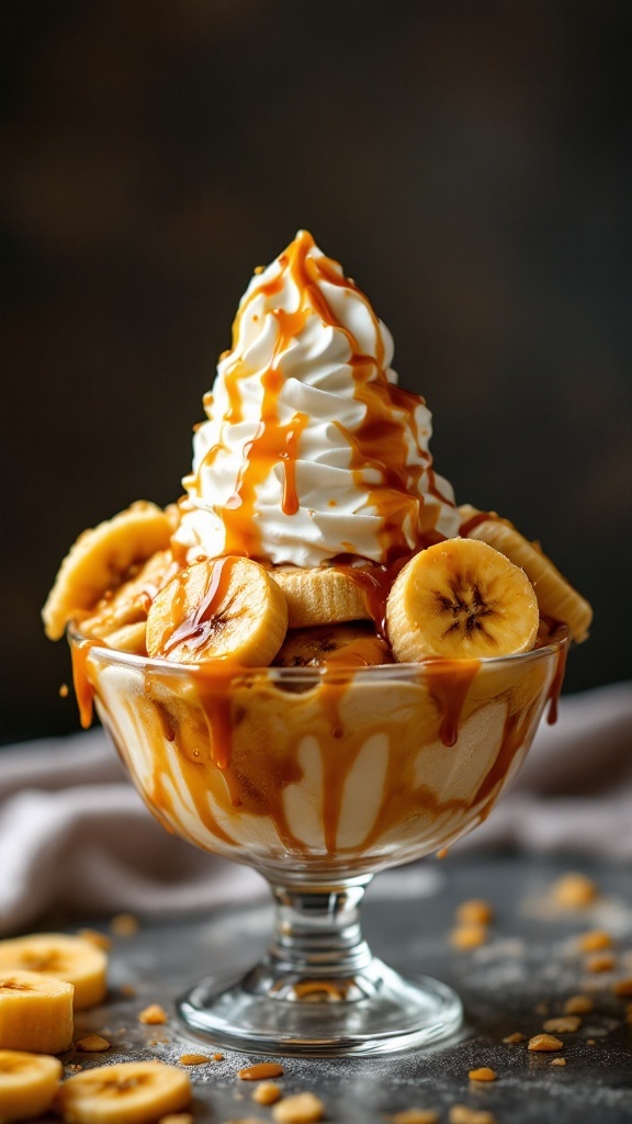 A delicious Banana Foster Sundae topped with whipped cream and caramel sauce