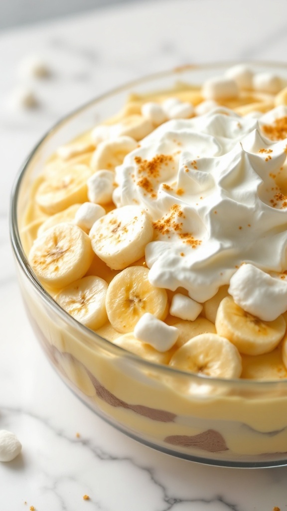 A bowl of Banana Marshmallow Pudding topped with banana slices and whipped cream.