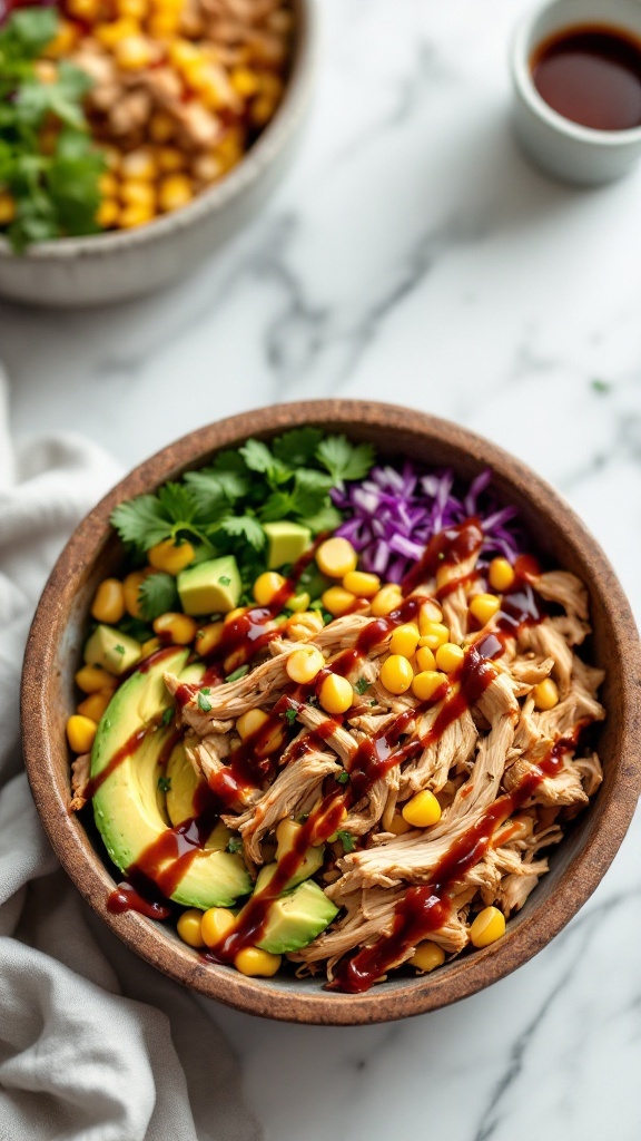 BBQ Chicken Bowl with corn, avocado, and fresh toppings