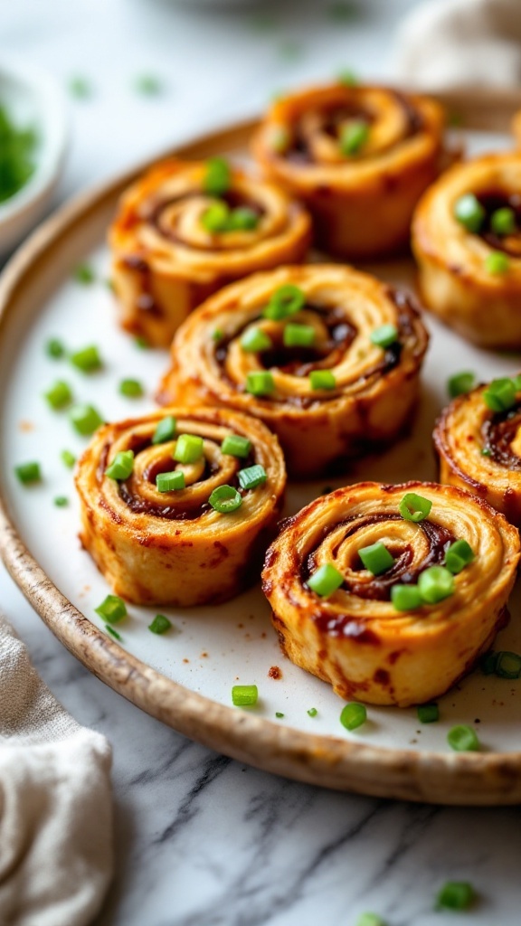 Delicious BBQ chicken pinwheels served on a platter, garnished with green onions.