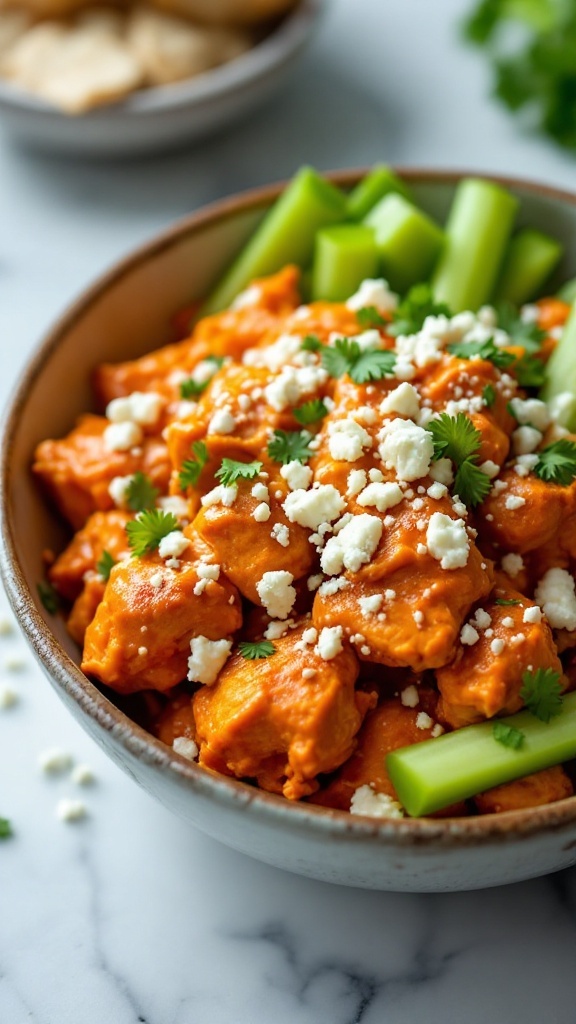 A delicious bowl of buffalo chicken with blue cheese dressing, garnished with celery and cilantro.