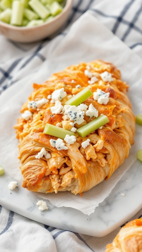 Buffalo chicken salad served on a croissant topped with blue cheese and celery