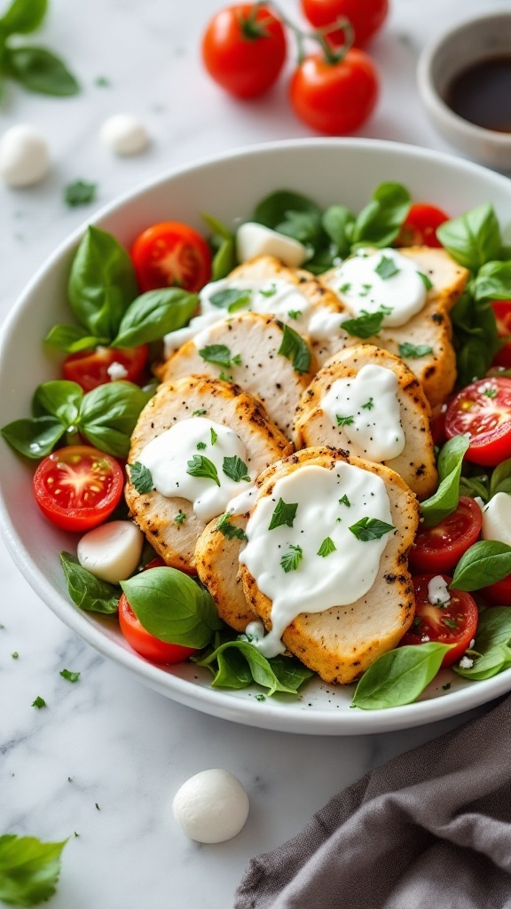 A bowl of Caprese chicken salad featuring grilled chicken, cherry tomatoes, mozzarella, basil, and Greek yogurt dressing.