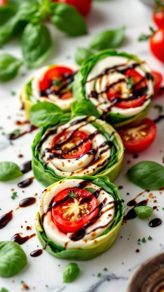 Caprese salad pinwheels with mozzarella, tomatoes, and basil