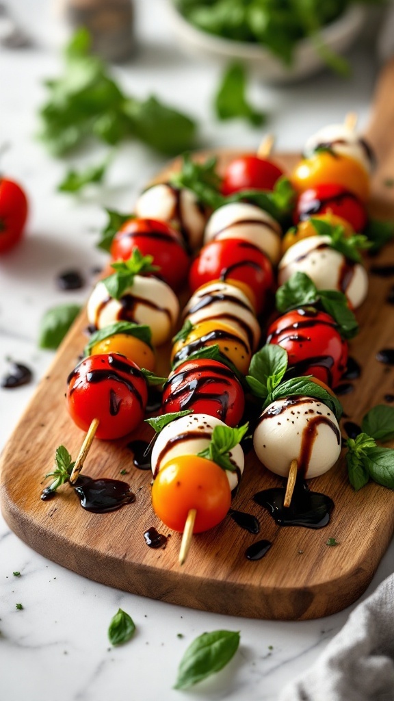 Caprese skewers with cherry tomatoes, mozzarella, and basil drizzled with balsamic glaze