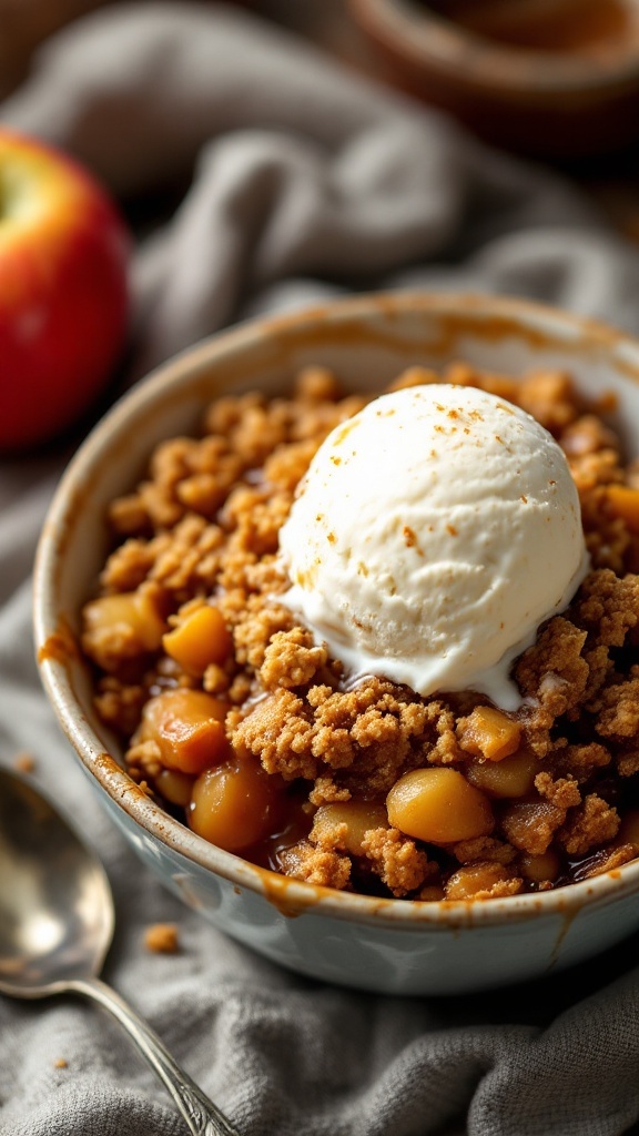 A bowl of caramel apple crisp topped with ice cream.