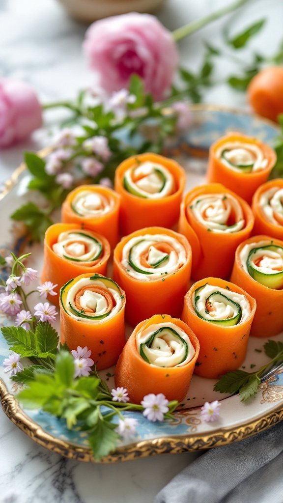 A platter of carrot and cucumber roll-ups garnished with herbs and flowers.