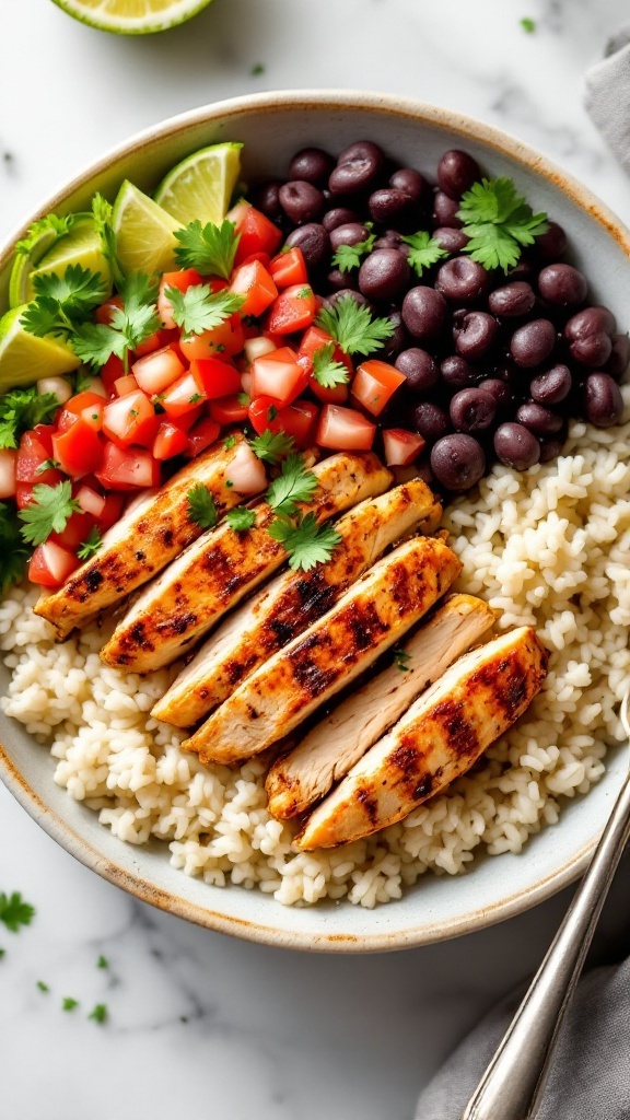 A colorful bowl of chipotle chicken with rice and beans topped with fresh ingredients.