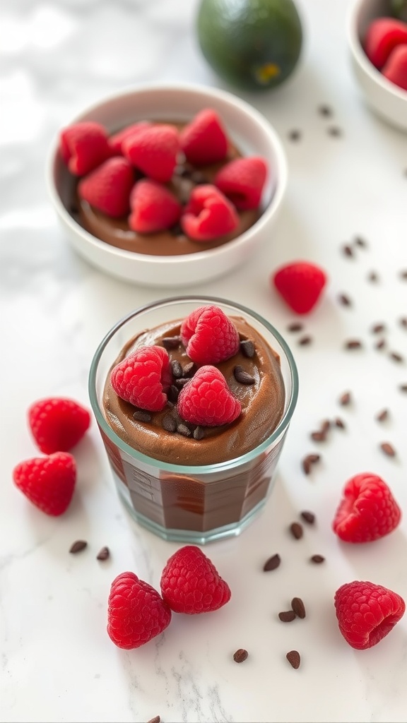 A serving of chocolate avocado mousse topped with raspberries and chocolate chips.