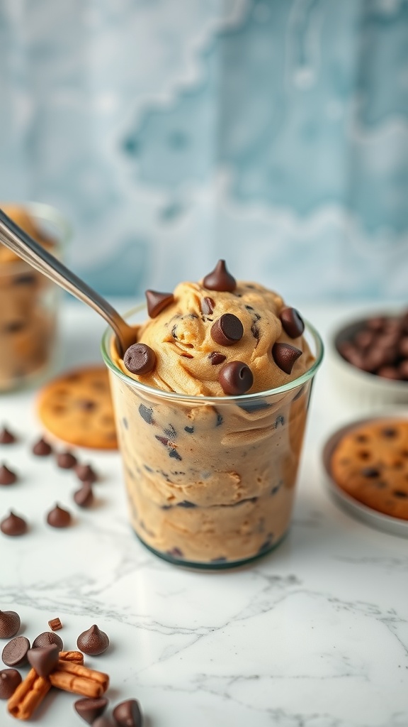 A cup filled with chocolate chip cookie dough topped with chocolate chips.