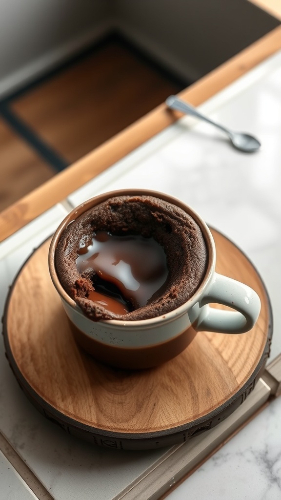 A chocolate lava cake in a mug, showcasing a gooey chocolate center.