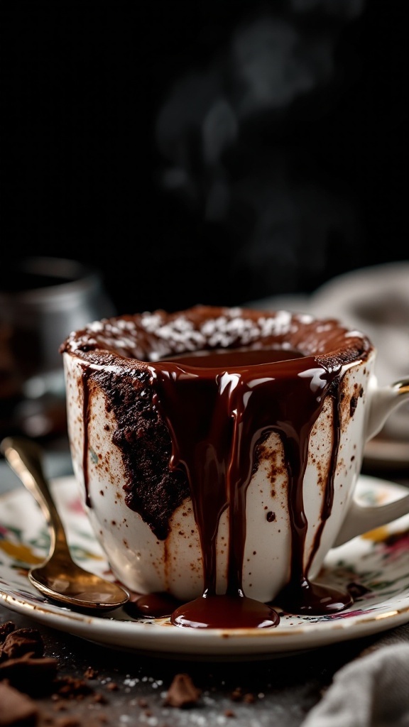 A rich chocolate lava mug cake with a gooey center