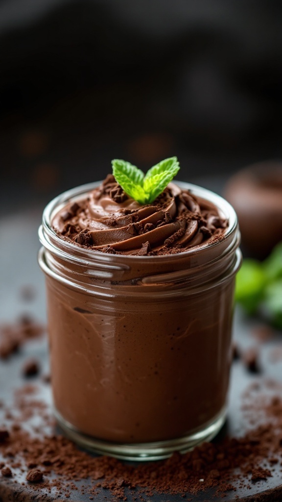 A creamy chocolate mousse served in a jar, topped with a mint leaf.