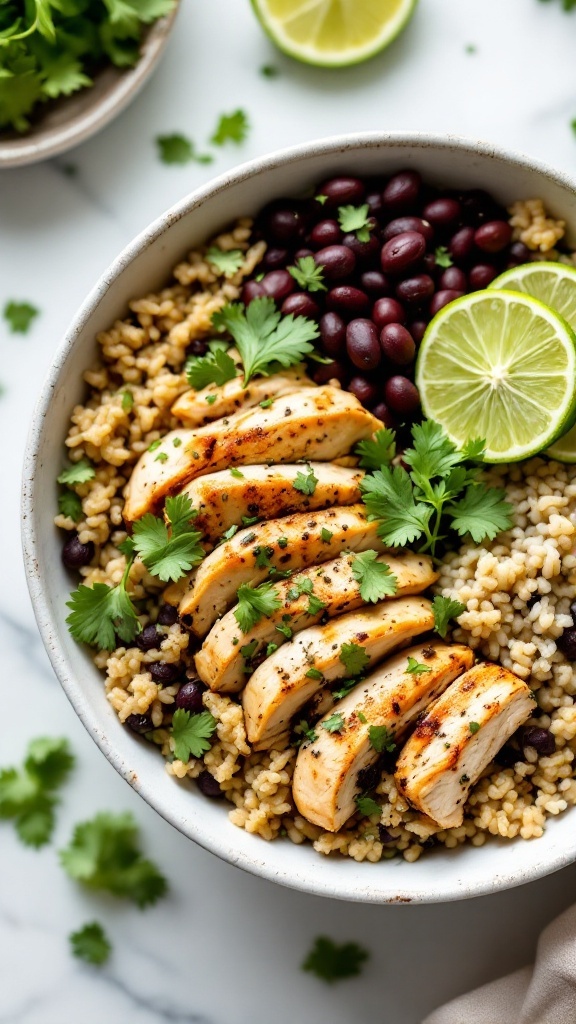 A vibrant cilantro-lime chicken bowl with black beans and garnished with lime slices and cilantro.