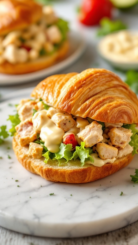 A delicious classic chicken salad croissant filled with diced chicken, lettuce, and mayonnaise.