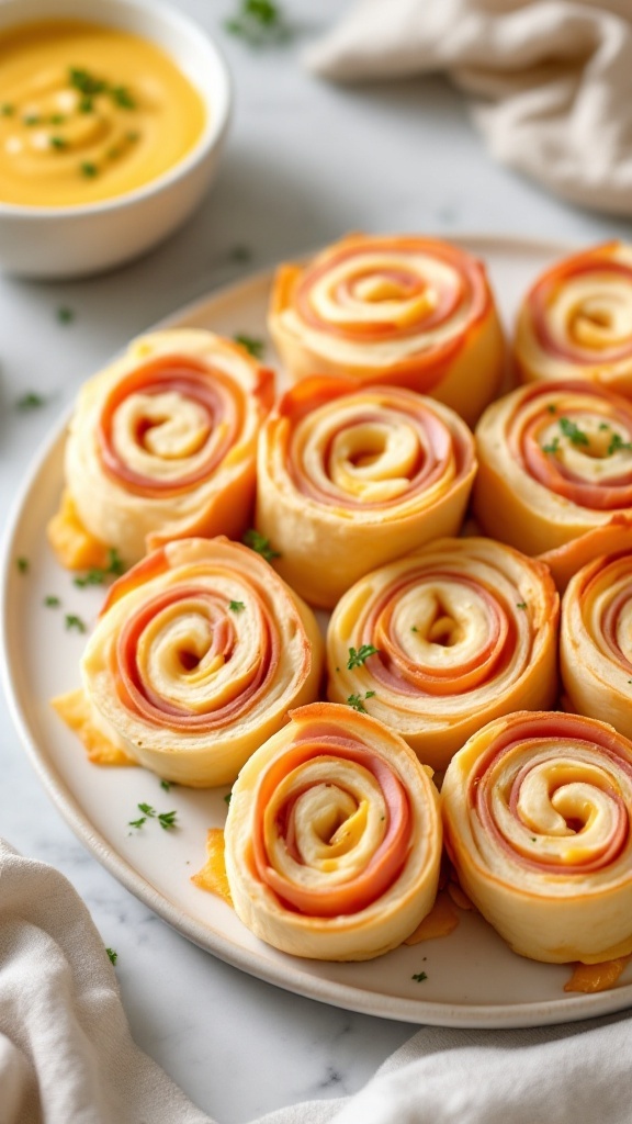 Platter of classic ham and cheese pinwheel appetizers, garnished with herbs.