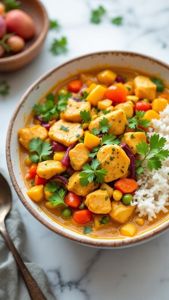 A delicious Coconut Curry Chicken Bowl with colorful vegetables and rice, garnished with fresh cilantro.