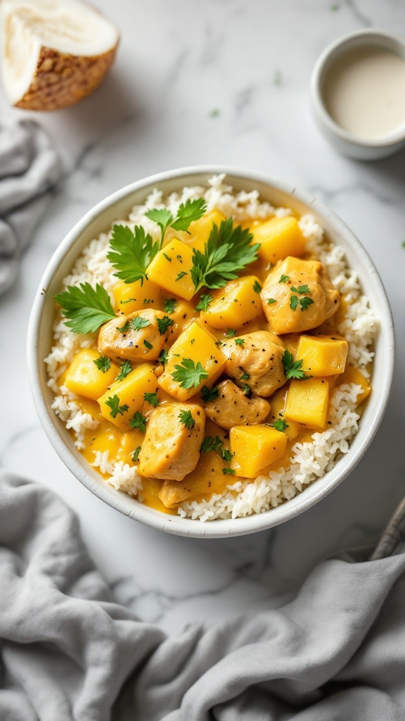 A bowl of Coconut Pineapple Chicken Curry served with rice and garnished with cilantro.