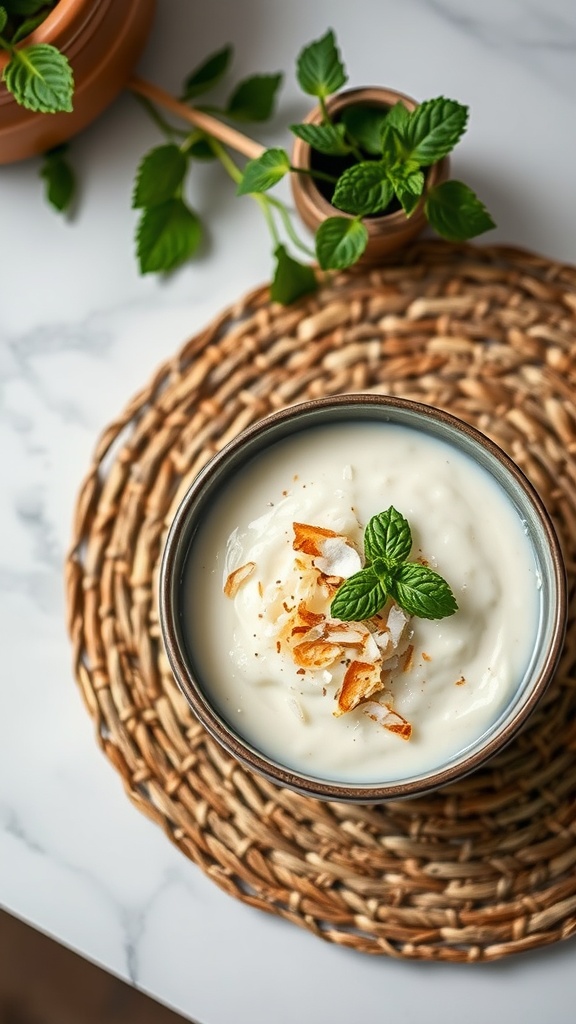 A bowl of coconut rice pudding topped with toasted coconut flakes and mint leaves.