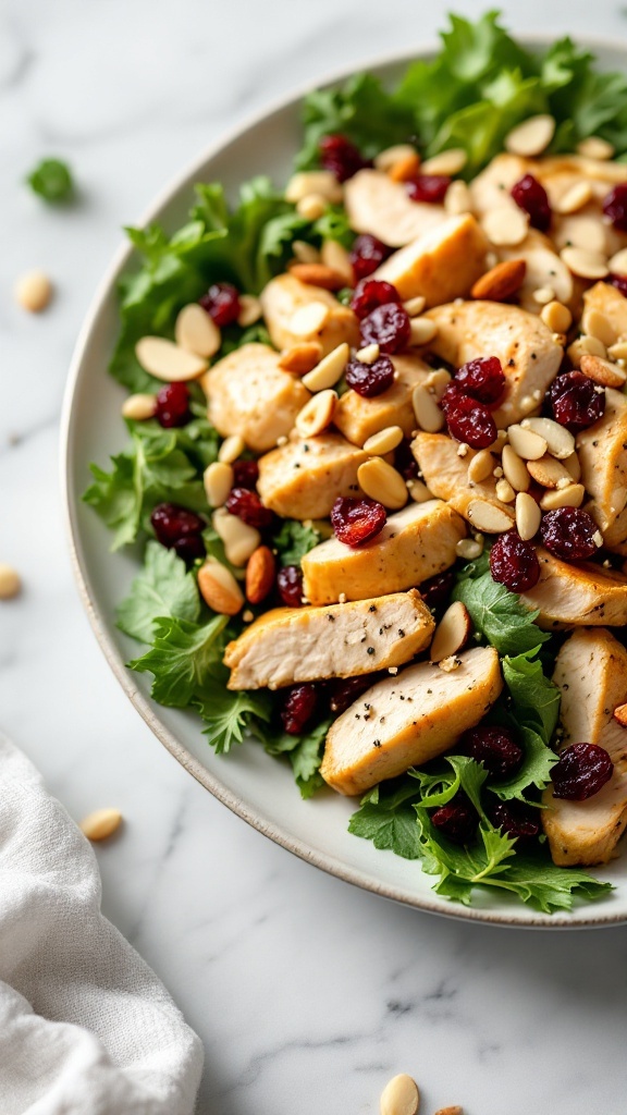 A bowl of cranberry almond chicken salad with greens, chicken, cranberries, and almonds.