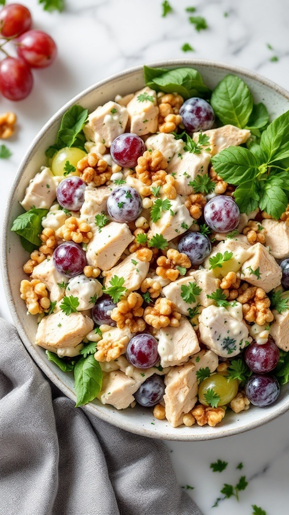 A bowl of creamy chicken salad with grapes, nuts, and fresh herbs.