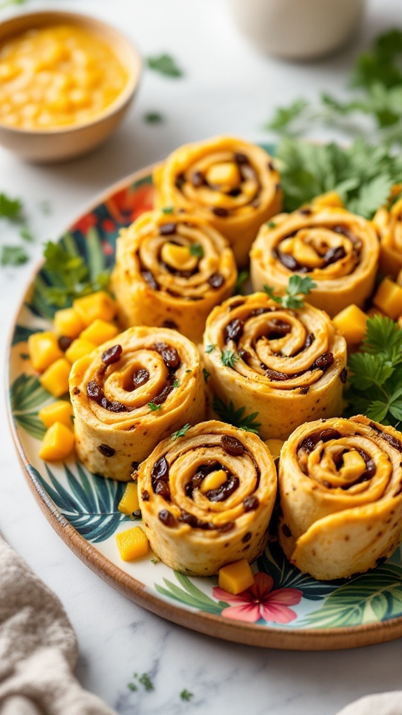 Curried Chicken and Raisin Pinwheels on a platter