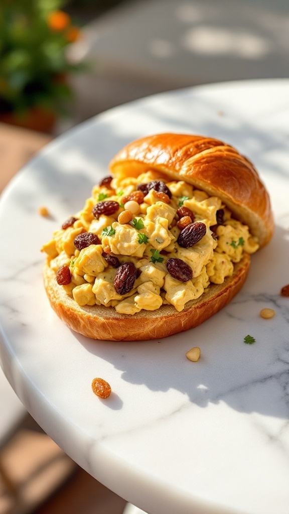 Curried chicken salad served on a flaky croissant, garnished with nuts.