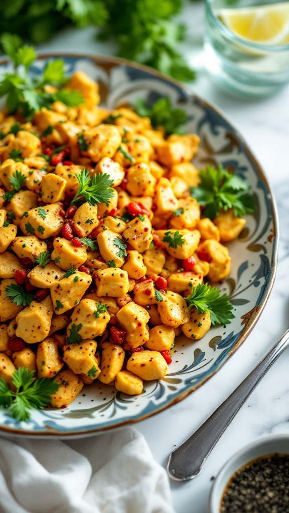 Curried chicken salad made with Greek yogurt, celery, and dried cranberries.