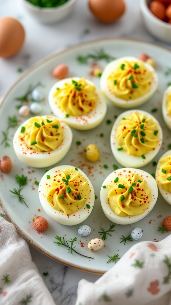 Delicious deviled eggs topped with avocado and garnished