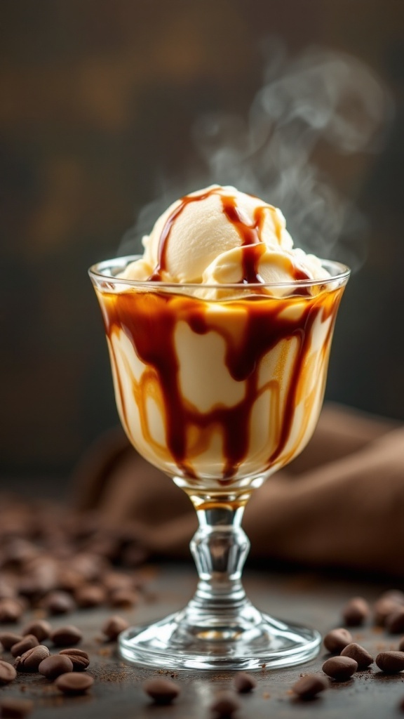 A glass of espresso affogato topped with ice cream and chocolate drizzle.