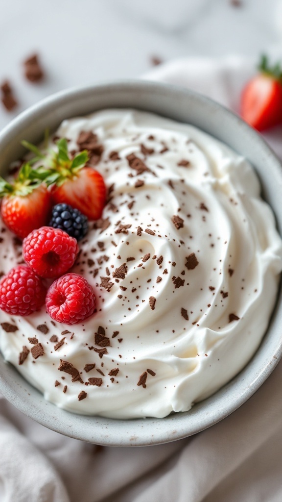 A bowl of fluffy marshmallow mousse topped with berries and chocolate shavings.