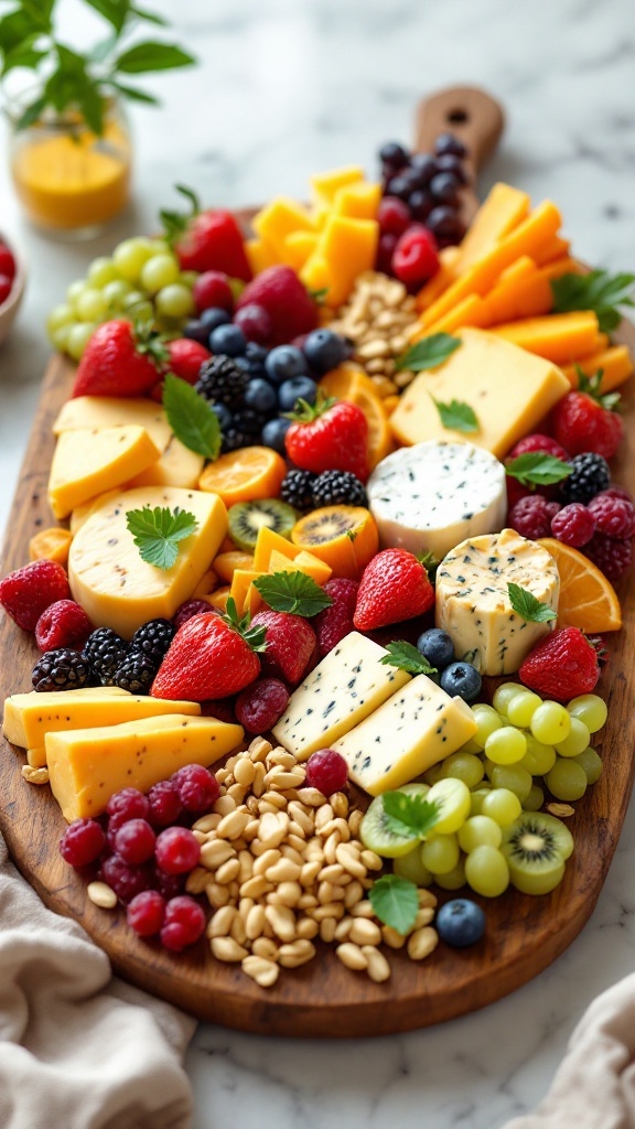 A colorful fruit and cheese platter with various fruits and cheeses arranged beautifully.