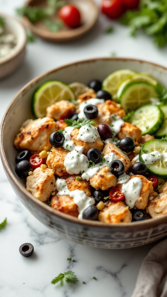 A delicious Greek chicken bowl featuring grilled chicken, fresh vegetables, and tzatziki sauce.