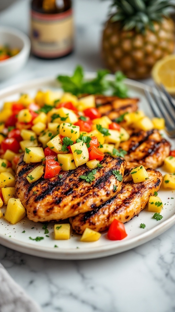 Grilled chicken served with pineapple salsa on a plate