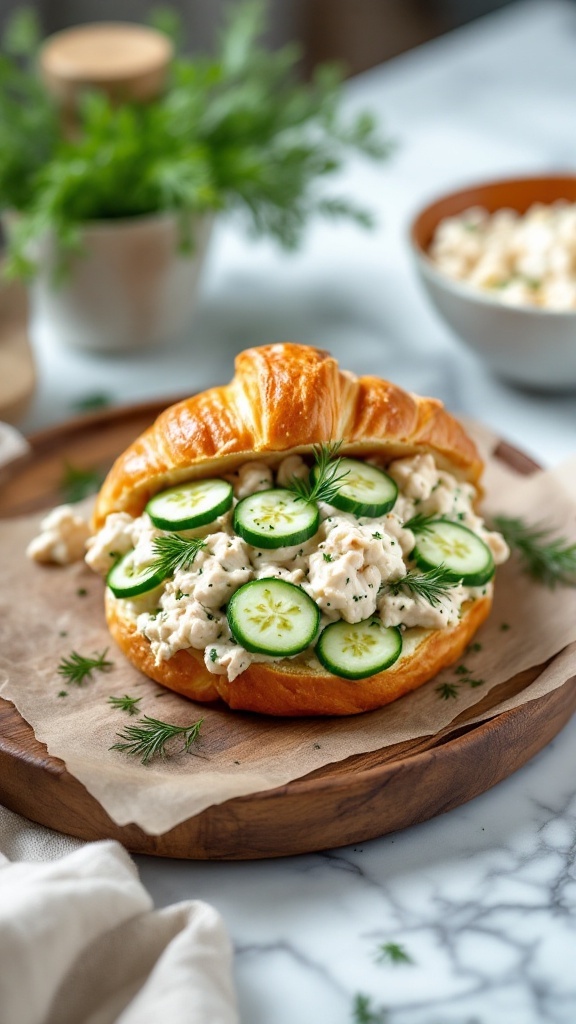 Herbed Chicken Salad with Dill on a croissant with cucumber slices