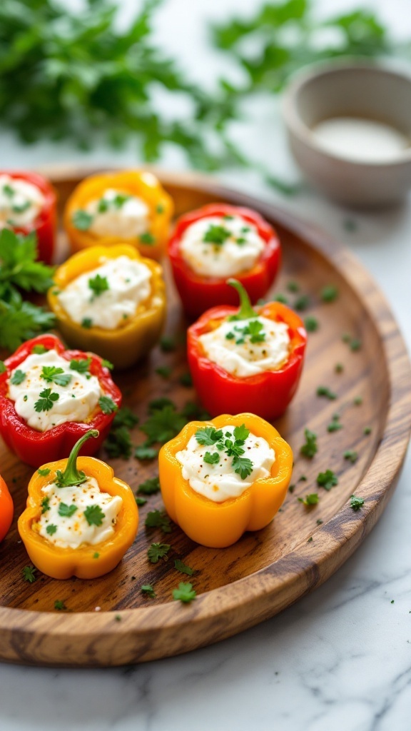 Herbed goat cheese stuffed peppers on a wooden platter