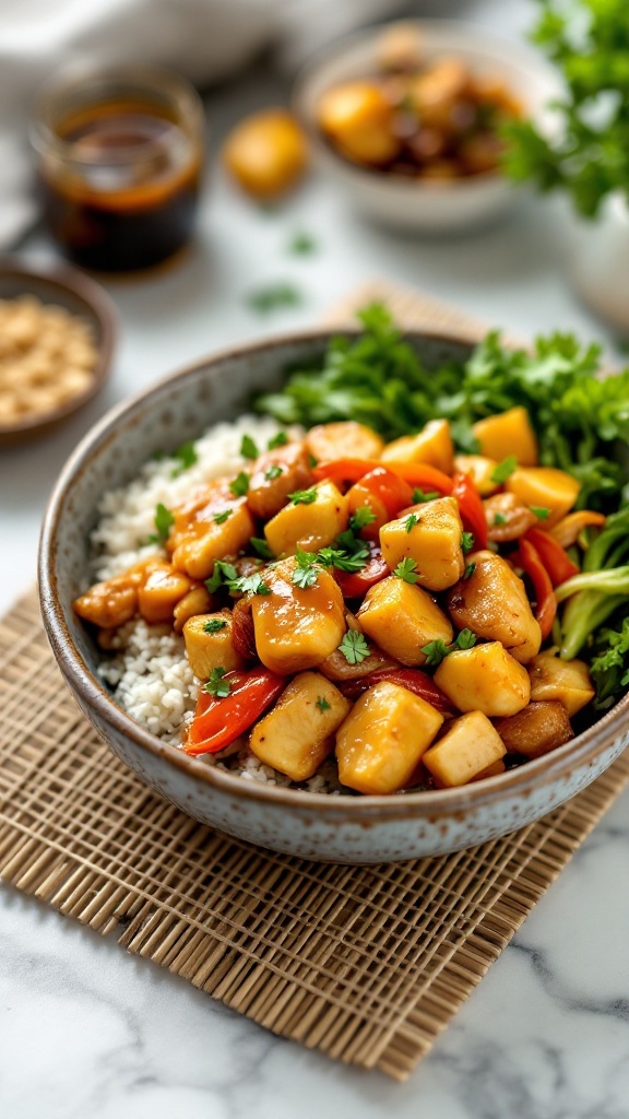 A bowl of honey garlic chicken with stir-fried vegetables over rice.