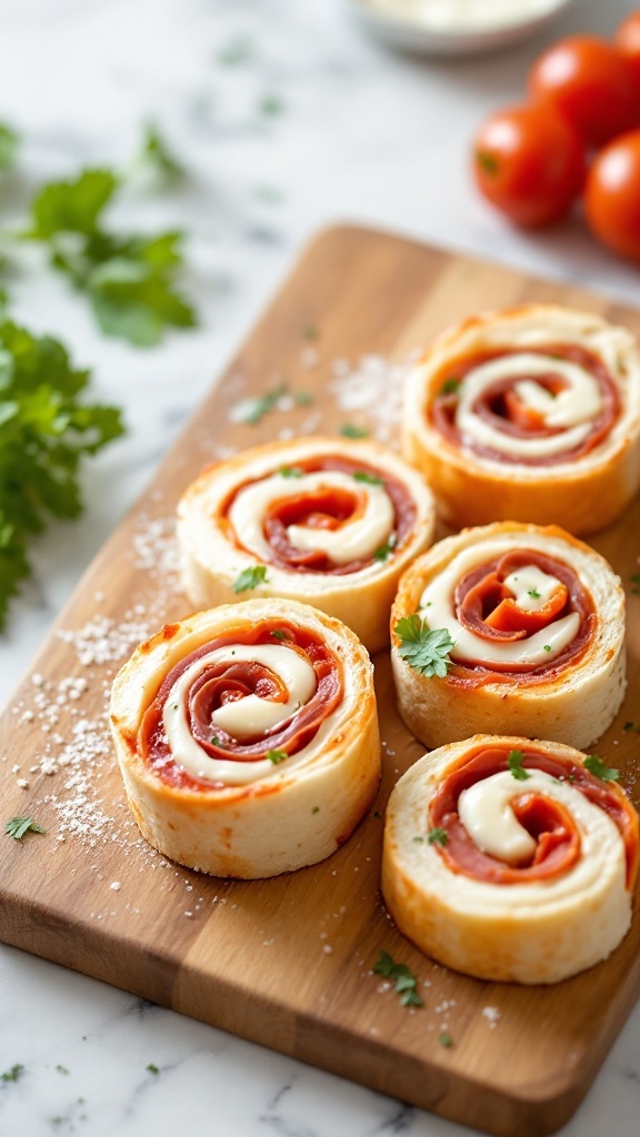 Italian Sub Pinwheels on a wooden cutting board