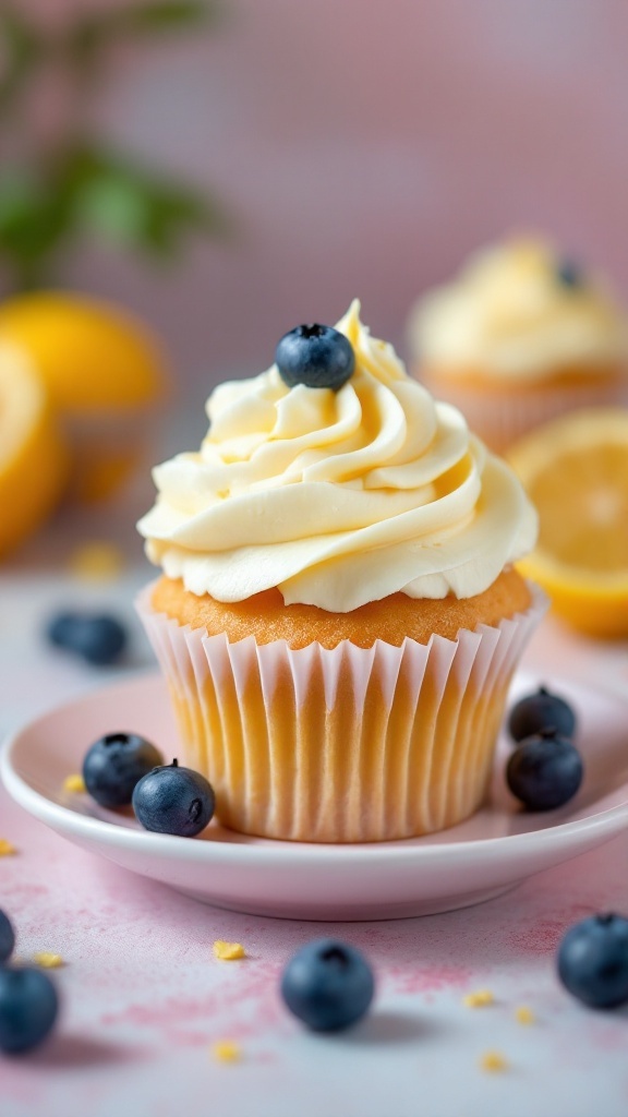 A beautifully decorated lemon blueberry cupcake with frosting and blueberries on top.