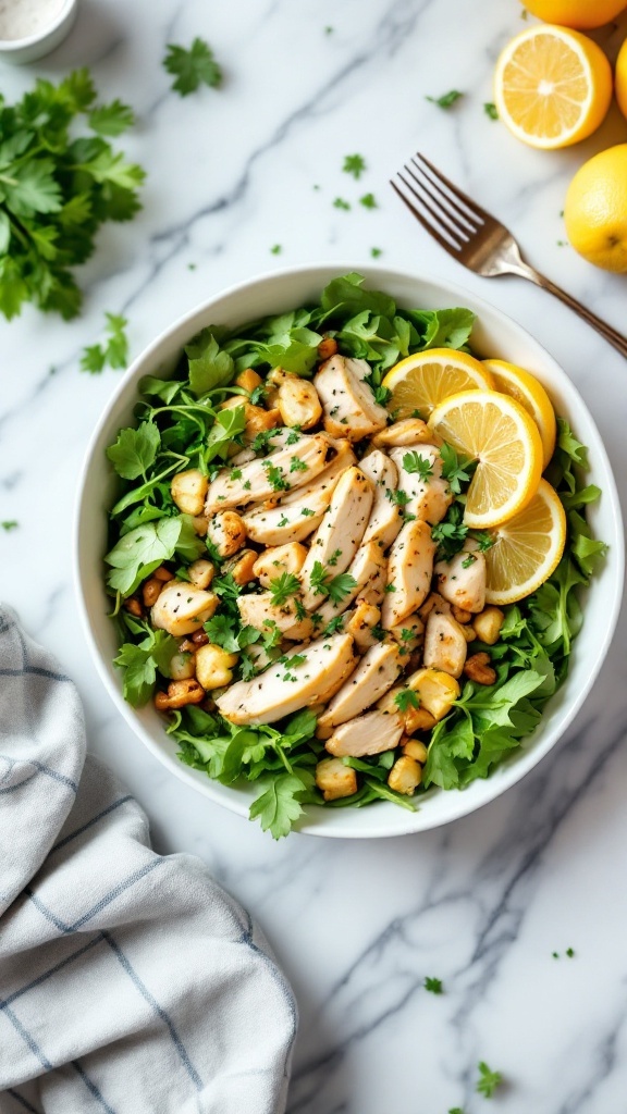 A delicious lemon herb chicken bowl with mixed greens, garnished with fresh herbs and lemon slices.